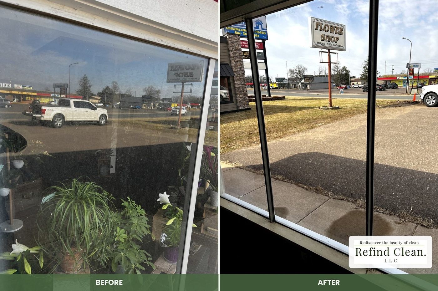 Before and after storefront window cleaning at a Rice Lake, WI flower shop